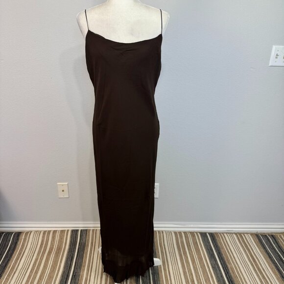 Reformation Suki Slip Midi Dress Pleated Ruffle Hem Sleeveless Brown Lined US 12 - Picture 1 of 11